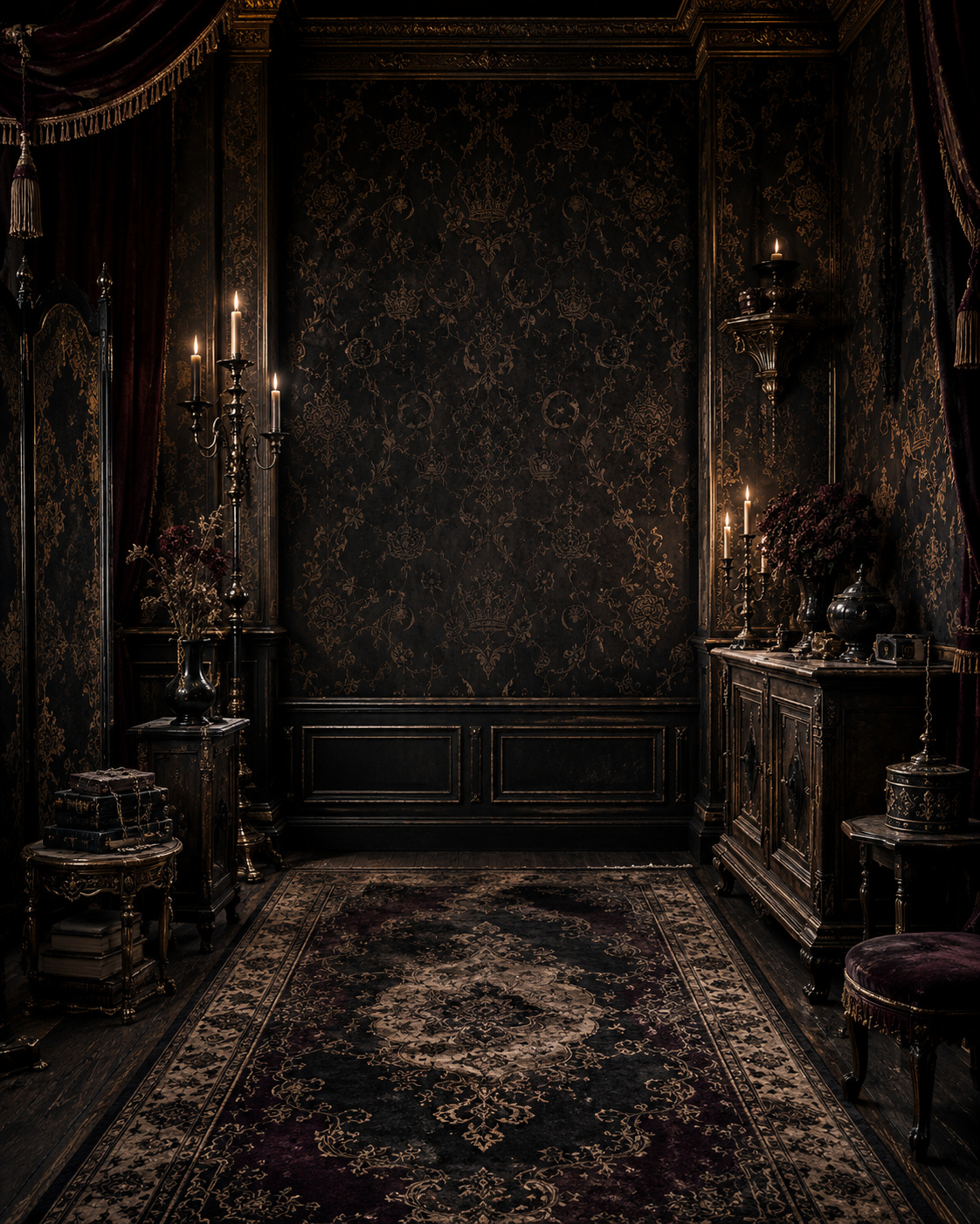 An ornate dark chamber with patterned wallpaper, a long rug, cabinets, and candlelight